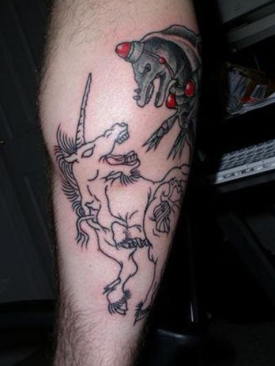 A Battle for the Ages: Unicorn vs. Robot Dinosaur Tattoo [Geeky Tattoo]