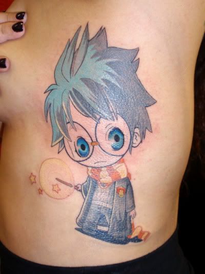  her animestyle Harry Potter tattoo complete with clutched sideboob