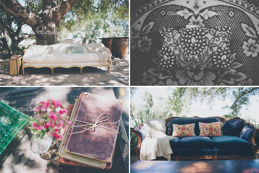 shots of a vintage furniture and vintage book set up at a Las Virgenes Open Space Preserve Wedding in Malibu, California
