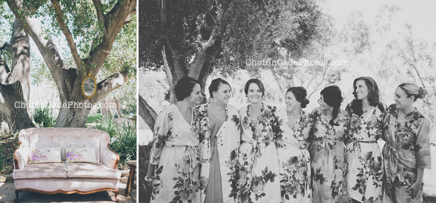 Julie and her bridesmaids huddle together in their matching floral robes