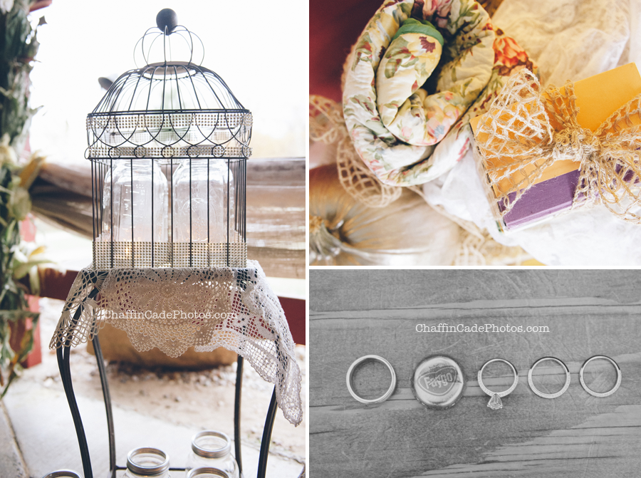 vintage bird cages, quilts and a Faygo pop lid are all part of Ginger and Mike's personal details of this camp wedding
