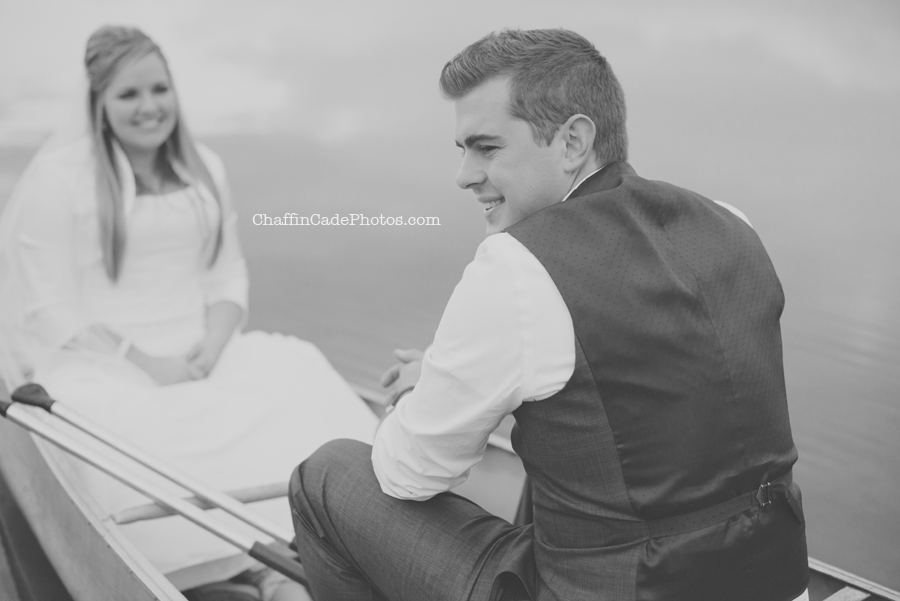 Ginger looks at her new husband as they are about to paddle out into the water