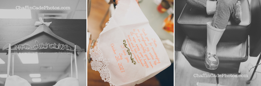 a personalized hanger and handkerchief are all part of Ginger and Mike's Fall camp wedding