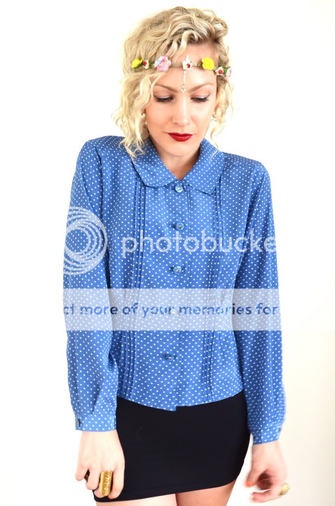 VINTAGE Blue+WHITE POLKA DOT Silky Dress BLOUSE *L  