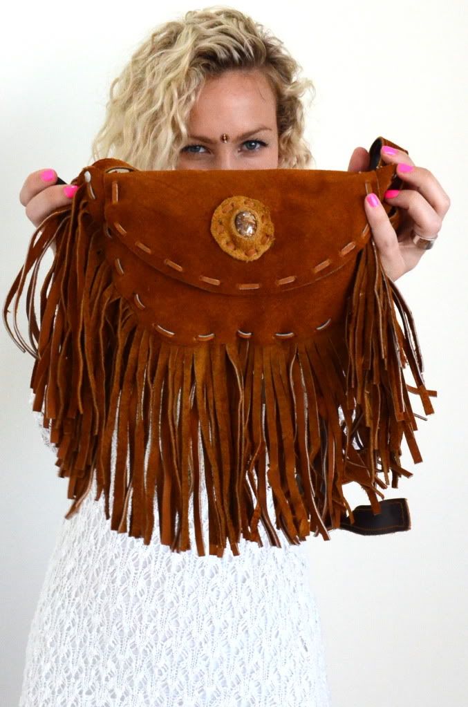   Tan SUEDE LEATHER+SHELL TASSEL Sling BAG* HIPPIE BOHO *  